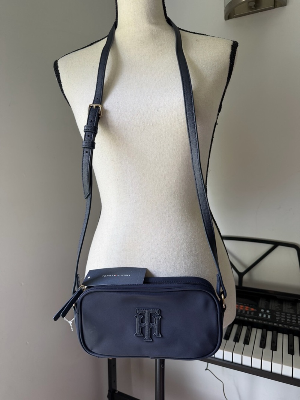 Tommy Hilfiger Black Crossbody Camera Bag with Embossed TH Logo